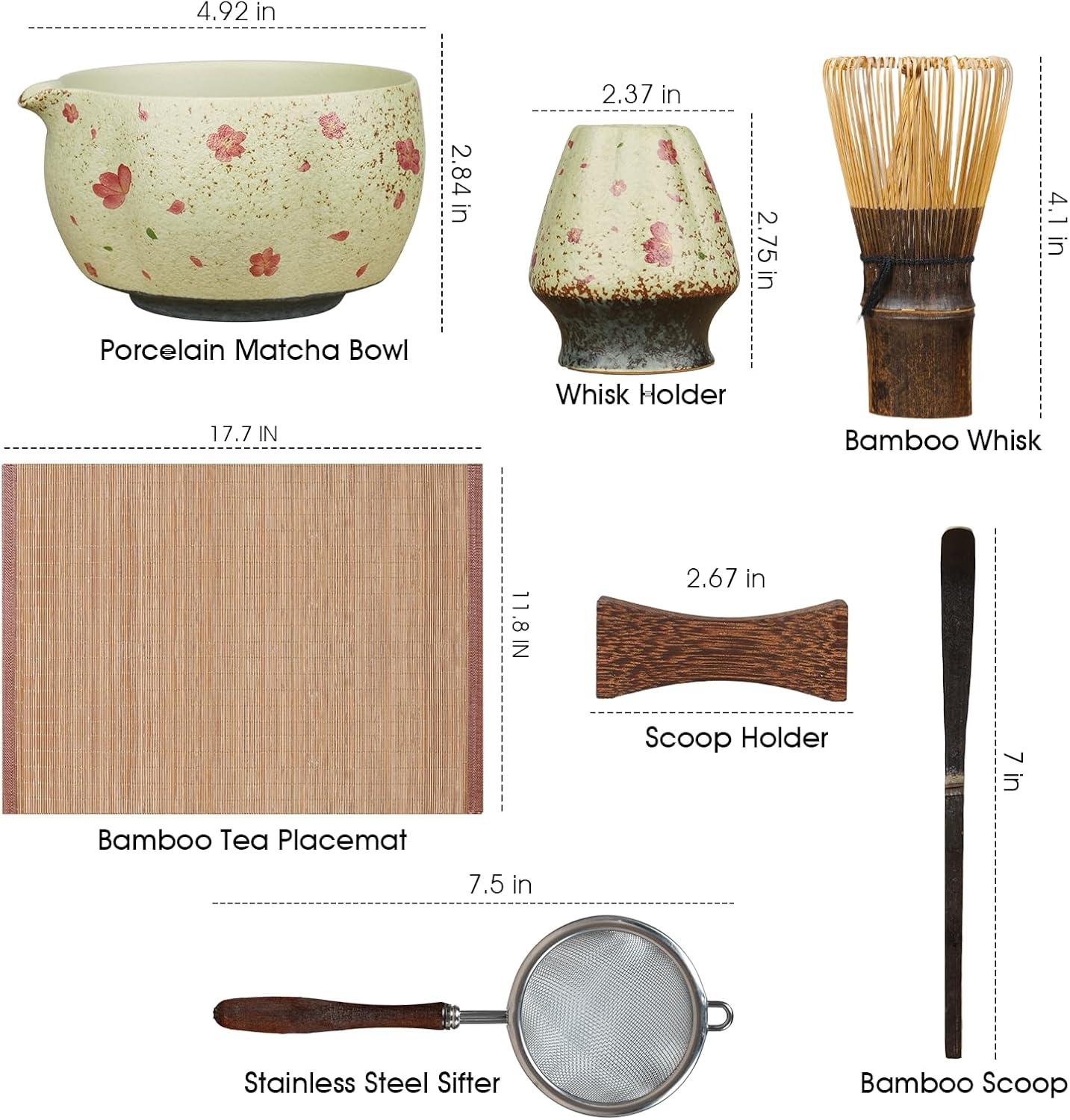 Matcha Whisk Set, 7-Piece Matcha Kit with Ceramic Bowl, Bamboo Whisk, Scoop, Sifter, Holder & Bamboo Mat – Premium Matcha Tea Set for Beginners & Matcha Lovers