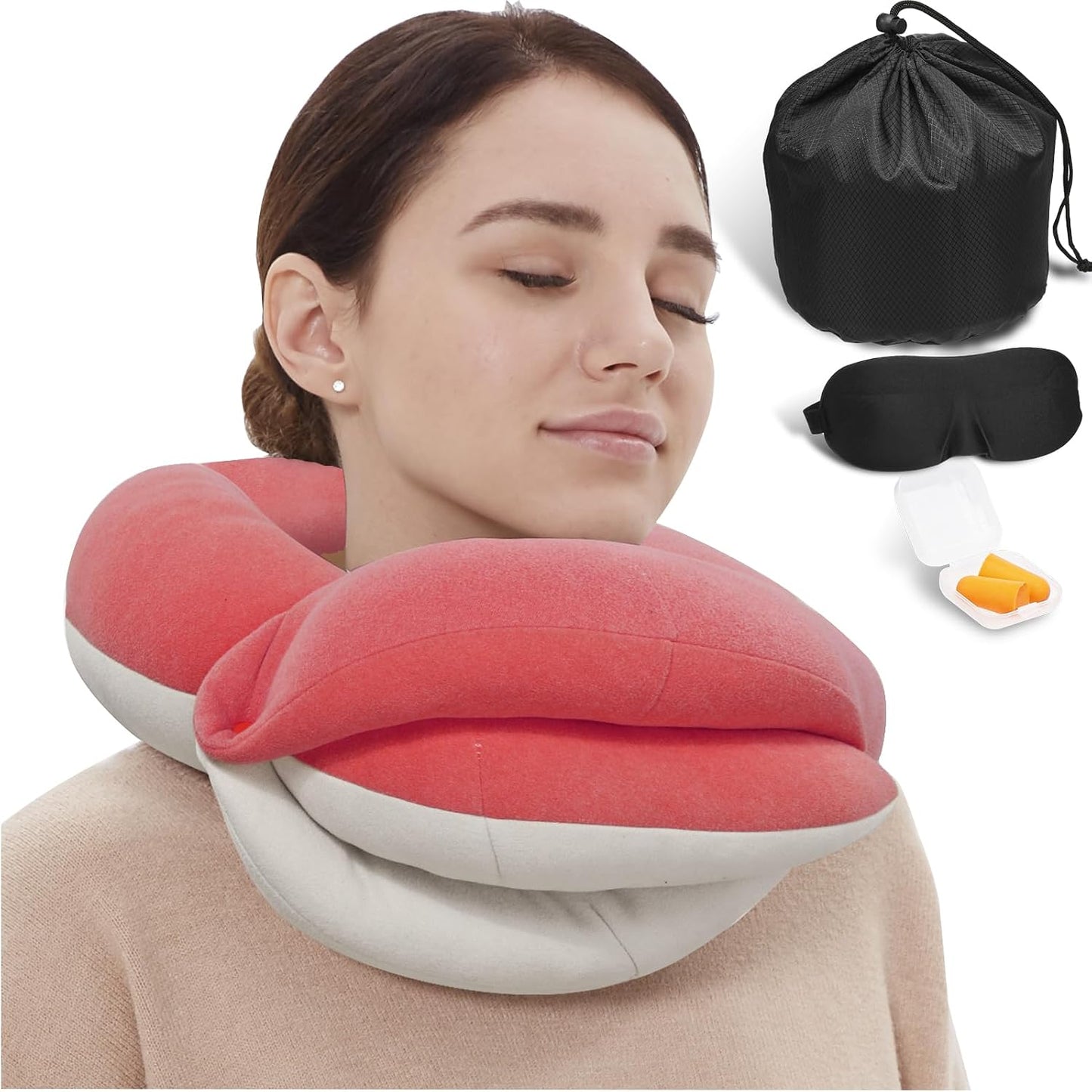 BUYUE Travel Neck Pillows for Airplanes, Memory Foam 360° Head Support Sleep for Long Flight, Skin-Friendly & Breathable, Kit with Eye Mask, Earplugs and Storage Bag (Adult, Grey, 90+ lbs)