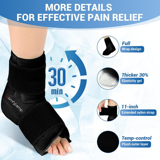Comfytemp Ankle Foot Ice Pack Wrap for Plantar Fasciitis Relief, Ankles Brace for Sprain, Heel Spur, Swelling, Achilles Tendonitis, Cold Bag for Injuries Reusable, Hot Cold Compress, 1 Pack (Blue)