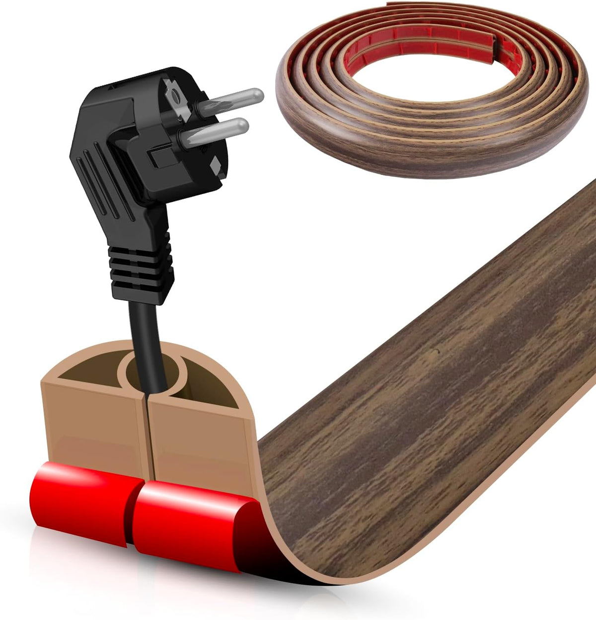 Floor Cord Cover Self Adhesive Cord Hider,10FT Cable Management, Extension Strip Protector for Wires, Prevent Cable Trips for Offices, Gyms, Exhibitions Cavity 0.39"(W) x 0.27"(H) BrownWood