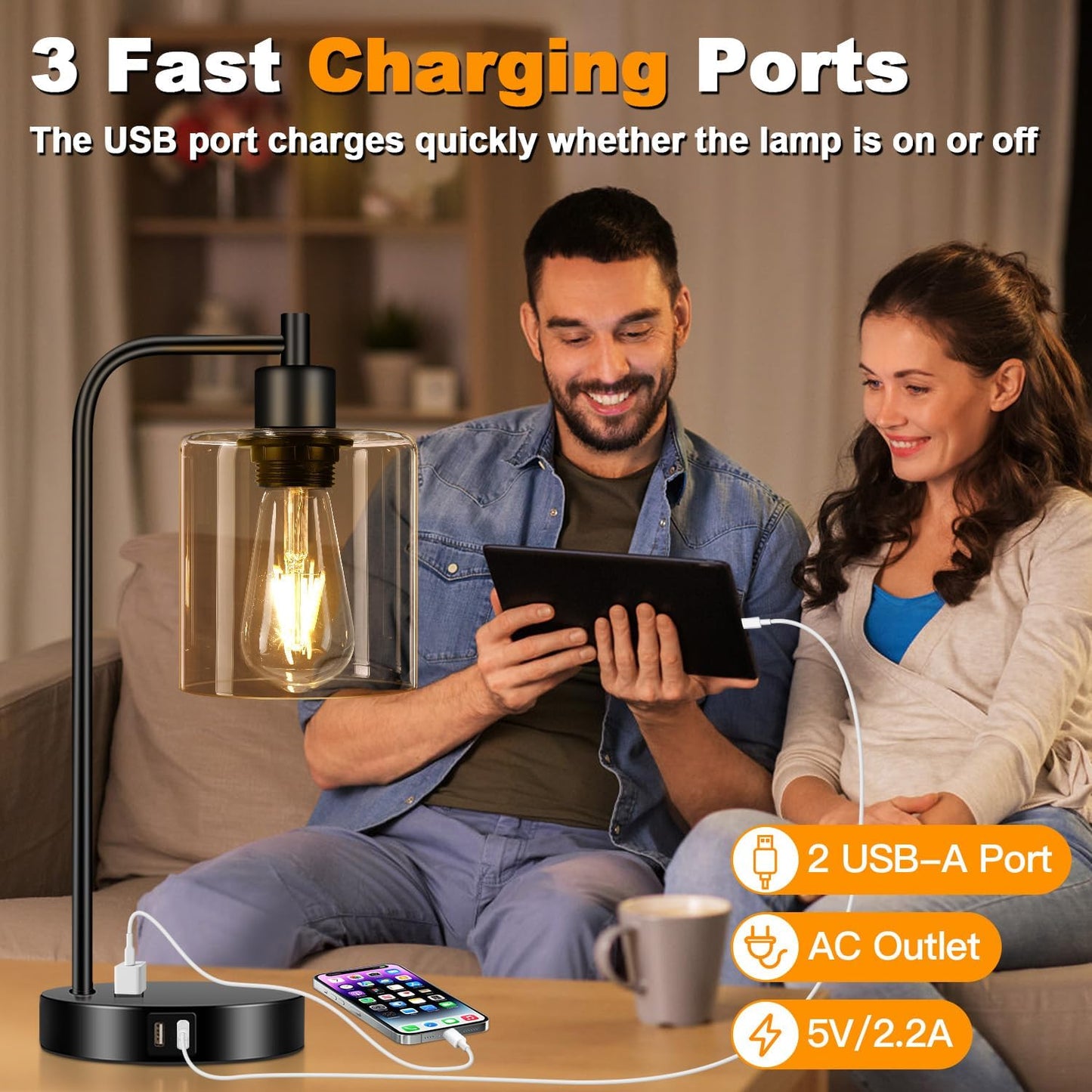 Set of 2 Industrial Touch Control Table Lamps with USB C+A Ports and AC Outlet - 3-Way Dimmable Black Bedside Lamps Nightstand Desk Lamps for Bedroom Living Room, Glass Shade & 2 LED Bulbs Included
