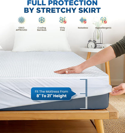 Premium 100% Waterproof King Mattress Protector Breathable Cooling 3D Air Fabric Cover Smooth Soft Hypoallergenic Noiseless Bed Cover Machine Washable Vinyl Free, 8-21'' Deep Pocket