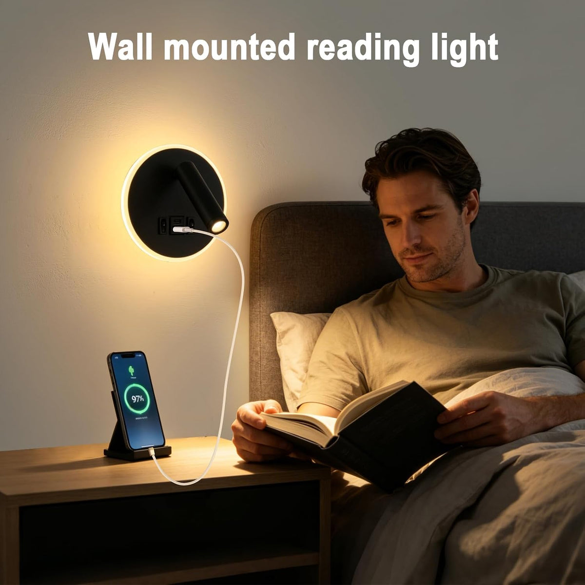 Plug in Wall Lamps for Bedroom Living Room, Wall Mounted Reading Lights with USB C+A Charging Ports, Headboard Lamp 360°Rotation, Wall Mount Lamp with 3 Color Temperature 3W+9W Night Light