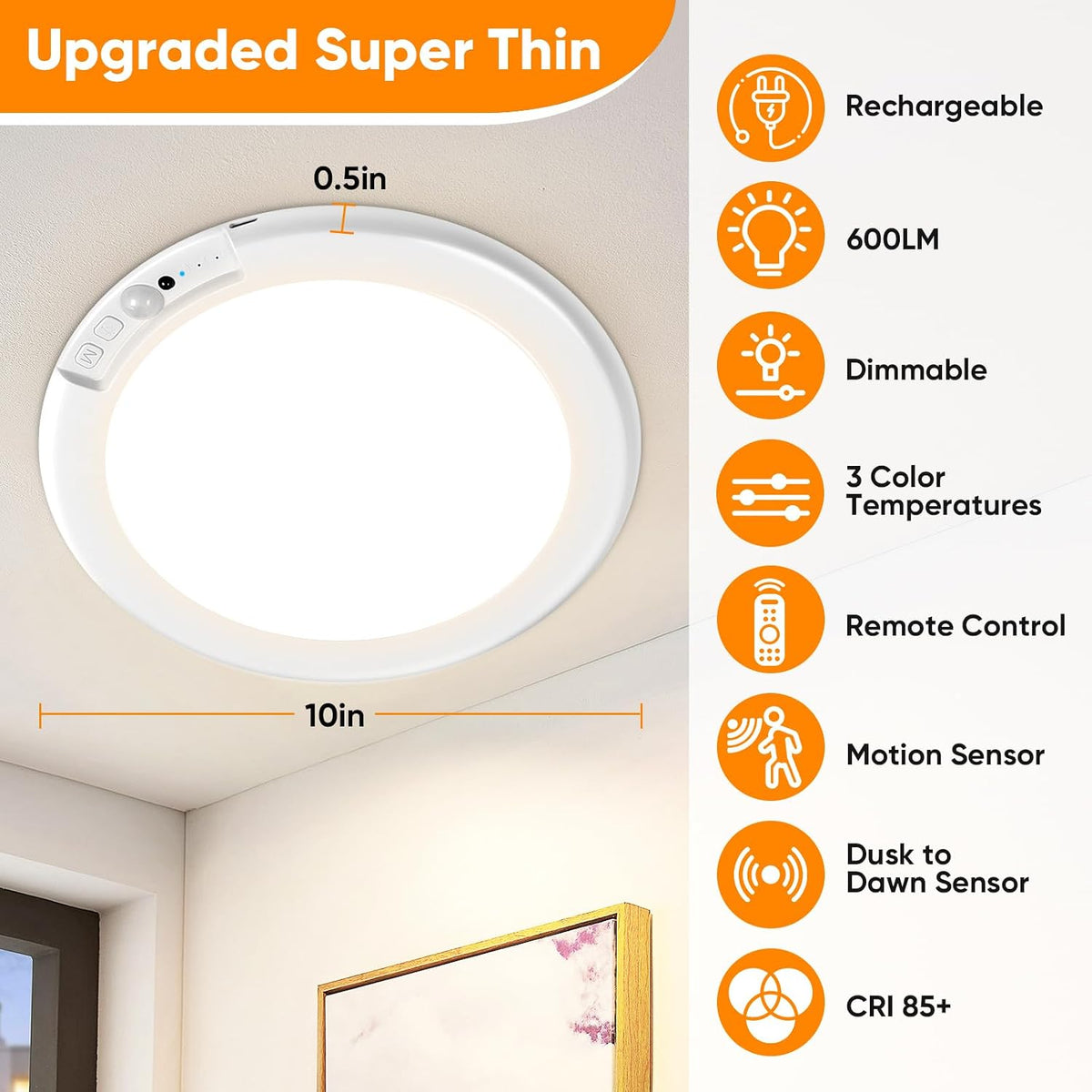 Rechargeable Motion Sensor Ceiling Light, Battery Operated Closet Light