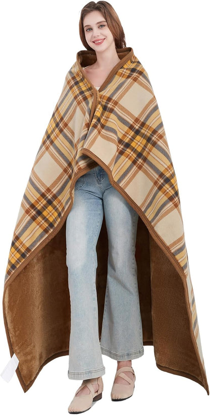 forestfish Fleece Wearable Blanket, Plaid Lap Blanket Comfy Poncho Throw with Buttons for Bed Sofa Office, Grey-White