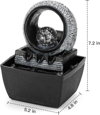 Tabletop Water Fountains, 3 Gears Desktop Fountain Indoor with Led Rolling Ball, Table Top Small Water Feature Interior Zen Relaxation Decor for Home Bedroom Living Room Office Apartment
