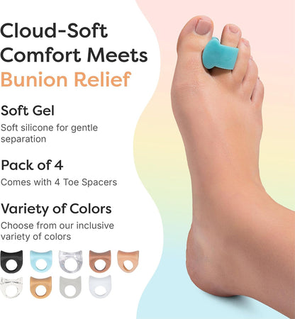 ZenToes Gel Toe Separators for Overlapping Toes, Bunions, Big Toe Alignment, Corrector and Spacer - 4 Pack (White)