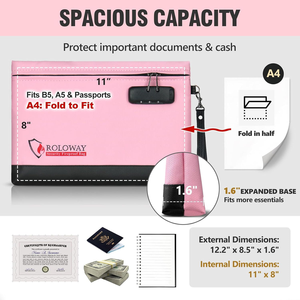 ROLOWAY Fireproof Money Bag with Lock for Cash, 6400°F Fire Proof Document Bag (12.2 x 8.5 x 1.6 inches), Money Pouch with Zipper (Pink)