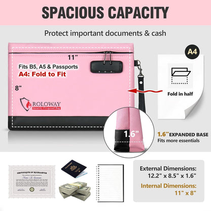 ROLOWAY Fireproof Money Bag with Lock for Cash, 6400°F Fire Proof Document Bag (12.2 x 8.5 x 1.6 inches), Money Pouch with Zipper (Pink)