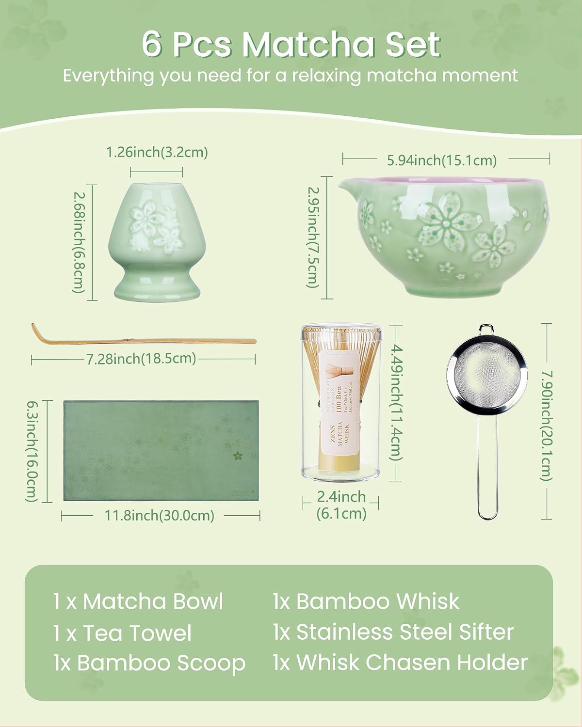 ZENS Matcha Whisk Set, Matcha Kit Set, Matcha Bowl with Spout, Bamboo Whisk & Scoop, Chasen Holder, 304 Sifter & Tea Mat, 6pcs Japaness Matcha Kit for Matcha Lovers, Birthday Gift, Pale Green