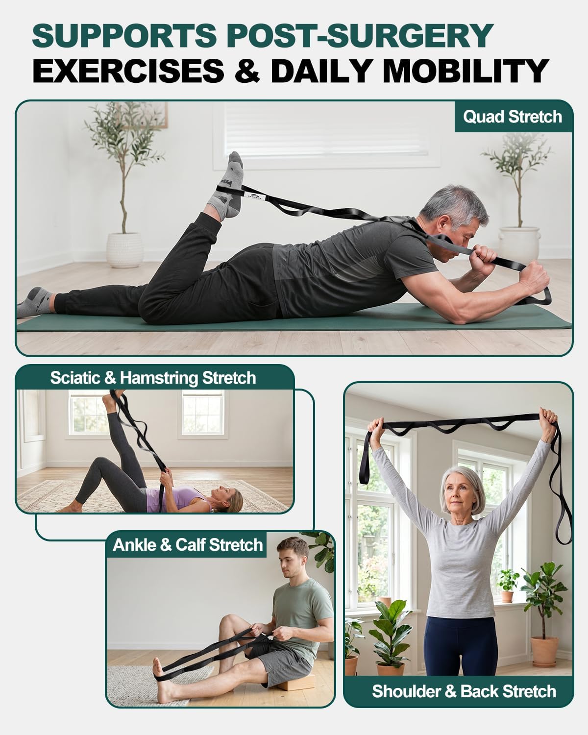 Trideer Non-Elastic Stretching Strap with Loops for Physical Therapy & Rehab, Knee Hip Leg ROM Post-Surgery, Yoga Strap for Stretching, Leg Lifter Strap Mobility Aid, Hamstring Calf Back