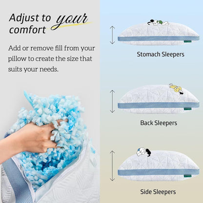 BETU Cooling Pillow Queen Size, Shredded Memory Foam Cool Pillow for Hot Sleepers, Adjustable Firm Soft Support Bed Pillows Perfect for Back Neck Pain and Side Sleeping with Pillow Case Cover, White