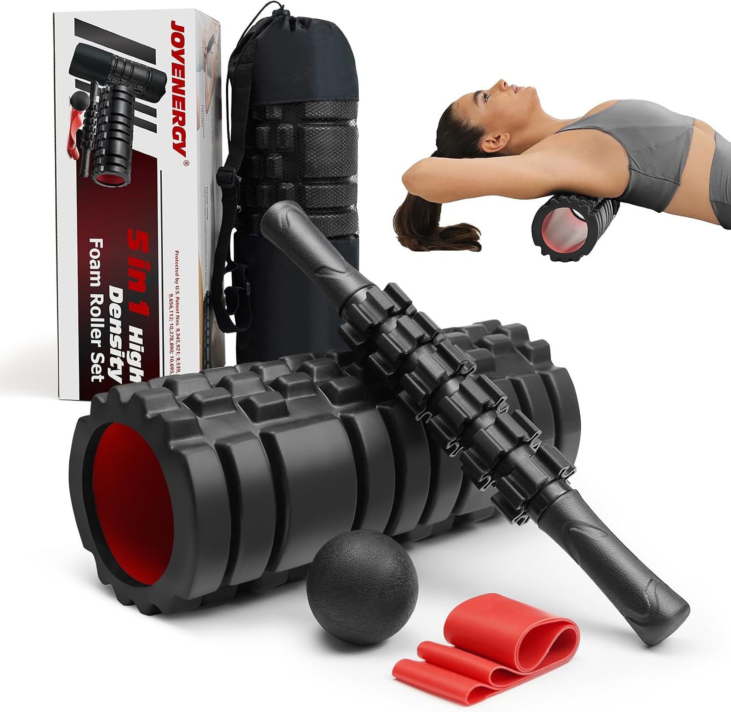 JOYENERGY 5 in 1 Foam Roller Set, Trigger Point Foam Roller Patented, Massage Roller Stick, Massage Ball, Stretching Strap for Deep Tissue Massager for Muscle Pilates Yoga Whole Body