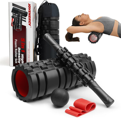 JOYENERGY 5 in 1 Foam Roller Set, Trigger Point Foam Roller Patented, Massage Roller Stick, Massage Ball, Stretching Strap for Deep Tissue Massager for Muscle Pilates Yoga Whole Body