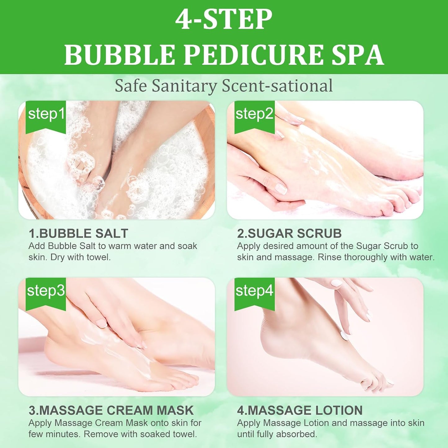Pedicure Kit Foot Soak Set: Bubble Salt, Sugar Scrub, Massage Mask, Massage Lotion in a Box, 4 Step Foot Spa Kit for Dry Feet, Softens Calluses, Tired Feet（3 Set Lavender) - Colors A
