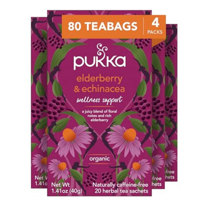 Pukka Elderberry & Echinacea Organic Herbal Tea, Perfect for Wellness Support, Caffeine Free, 80 Total Tea Bags (20ct - Pack of 4)