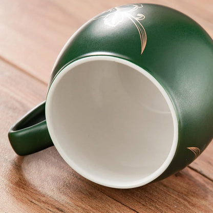 Yundu 12 OZ Matte Green Ceramics Teacup with Infuser and Lid, Mug with Lid for Steeping - Stainless Steel Infuser for Loose Leaf Tea, Home Office Gift for Tea Lovers