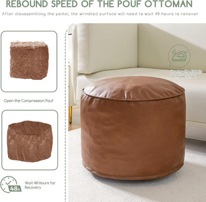 HIGOGOGO Round Stuffed Pouf Ottoman, Pu Leather Poufs with Foam Chunk Filling, Furry and Fluffy Pouf Foot Stool Storage Ottoman, 20 X 15 Floor Poufs Foot Rest for Living Room,Dark Brown