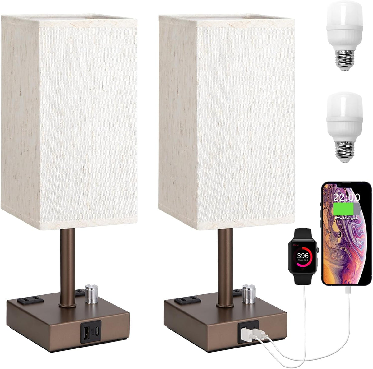 Bedside Table Lamps Set of 2 for Bedroom - Dimmable, USB C+A, 2 AC Outlets