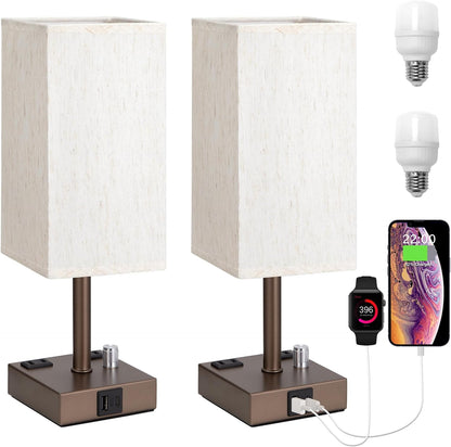 Bedside Table Lamps Set of 2 for Bedroom - Dimmable, USB C+A, 2 AC Outlets