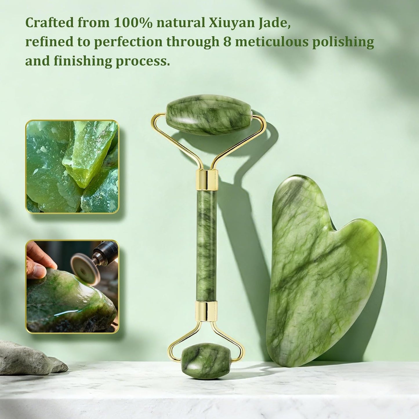 Jade Roller & Gua Sha Set - Natural Jade Face Roller Facial Massage Skincare Tools for Women,Reduce Puffiness and Fine Lines (Forest Green) | natural jade roller,gua sha tool,ice roller to reduce puffiness,dual head massage roller