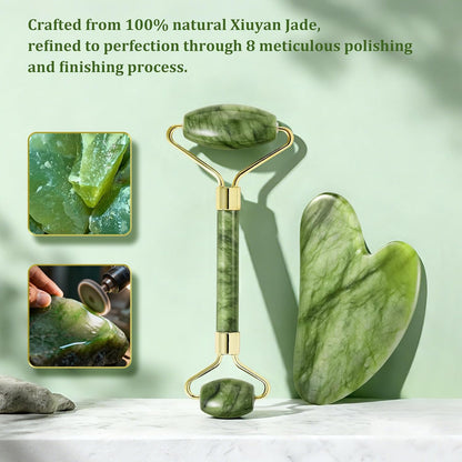 Jade Roller & Gua Sha Set - Natural Jade Face Roller Facial Massage Skincare Tools for Women,Reduce Puffiness and Fine Lines (Forest Green) | natural jade roller,gua sha tool,ice roller to reduce puffiness,dual head massage roller