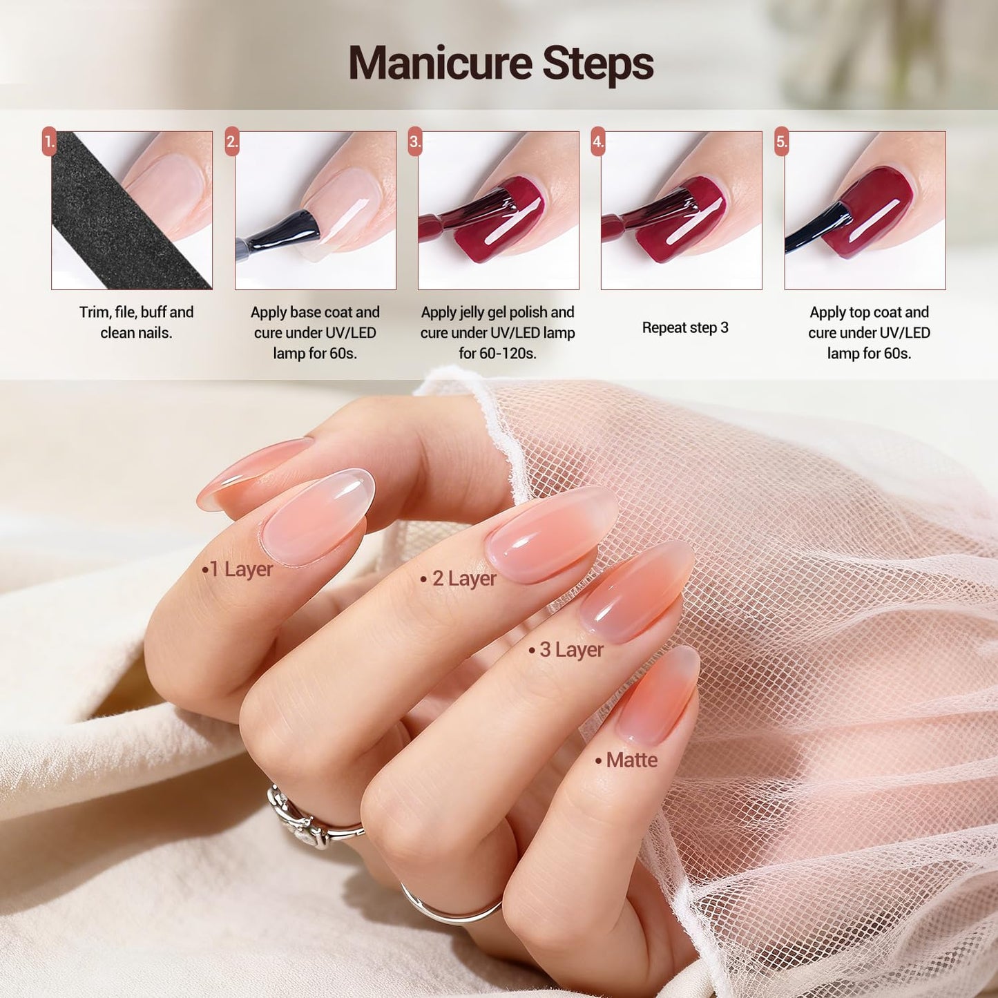 JODSONE Gel Nail Polish Kit 60 PCS with U V Light Soak off Base Top Coat 55 Shine Colors Gel Nail Kit Bright and Dark Brown Wine Red Series Manicure Set for Women and Girls