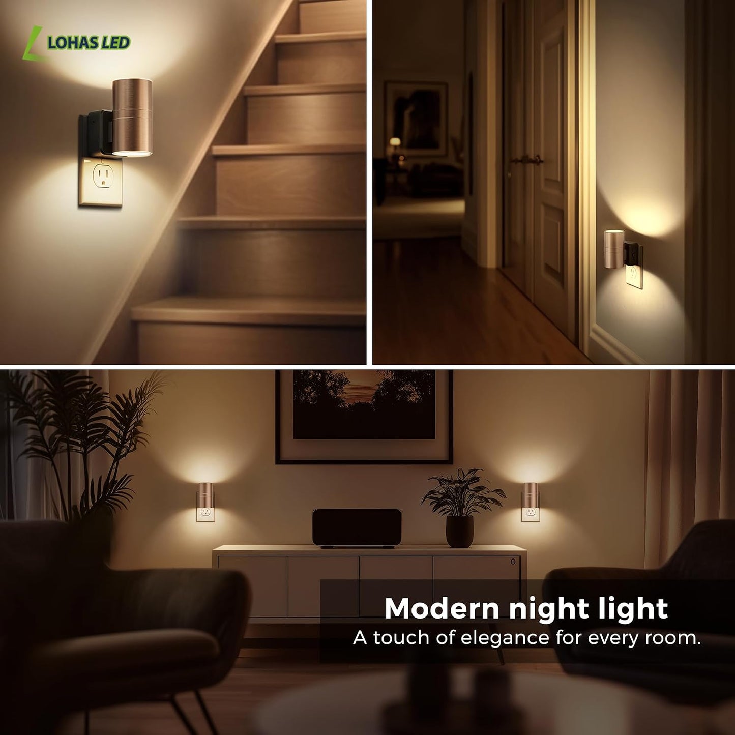 L LOHAS LED Night Lights Plug into wall, Amber Night Light with Adjustable Brightness, Plug in NightLight with Auto Light Sensor, Wall Sconce-Style Design Night Light for Bathroom,Hallway, 2 Pack