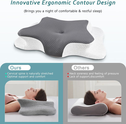 CHxxy Cervical Neck Pillow for Pain Relief Sleeping, Memory Foam Pillows, Ergonomic Side Sleeper Pillows, Cooling Orthopedic Neck Support Pillow for Back Stomach Sleepers-Queen Size Grey&Grey