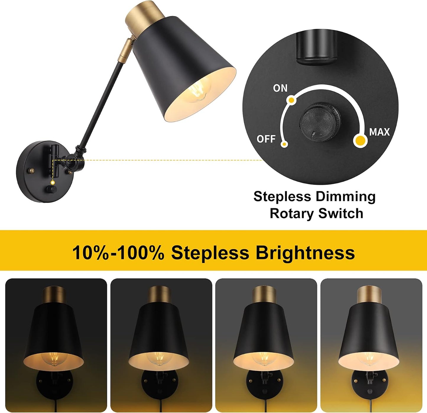 Dimmable Wall Lamp with Plug in Cord, ENCOMLI Plug in Wall Sconces Set of Two, Swing Arm Sconces Wall Lighting with On Off Switch, Metal Black Brass Industrial Wall Sconce Plug in Wall Light, E26 Base