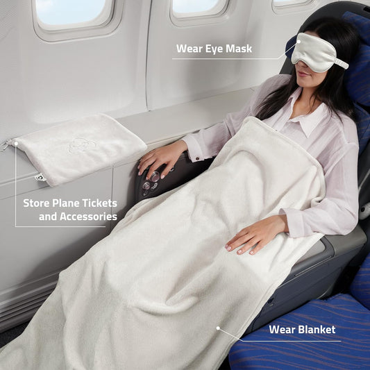 Travel Blanket Pillow,Airplane Blanket Compact with Bag Eye Mask, Ultra-Soft,Warm & Lightweight Included,Travel Essentials for Women & Men, Luggage Sleeve & Backpack Clip 65x40 in, Grey