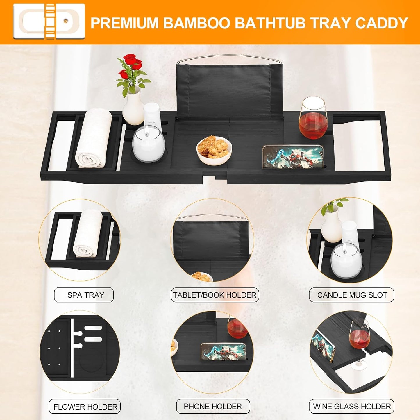 Premium Bamboo Bathtub Tray Caddy - Bath Tub Tray Table for Bathtub - Bath Caddy Tray for Bathtub, Expandable Size, Fits Most Bath Tubs
