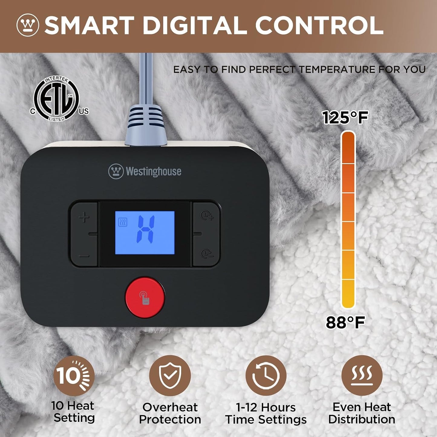 Westinghouse Heated Throw Blanket, Electric Blanket Throw with 6 Heating Levels and 2-10 Hours Time Settings, Flannel to Sherpa Super Cozy Heated Blanket Machine Washable, 50x60 inch, Charcoal