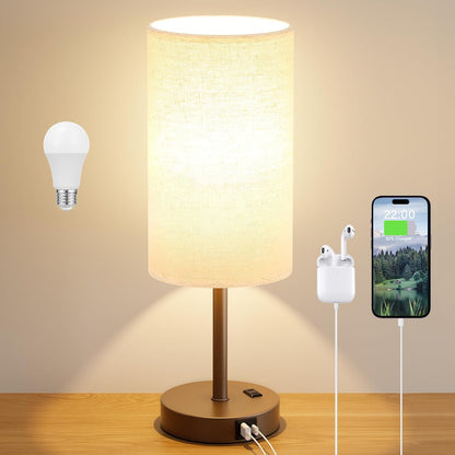 Dicoool Touch Bedside Table Lamp with USB - 3 Way Dimmable Wood Lamp for Bedroom Nightstand, Desk Lamp with Charging Station for Dorm, Living Room, Office, Kids Room, Small, 14in