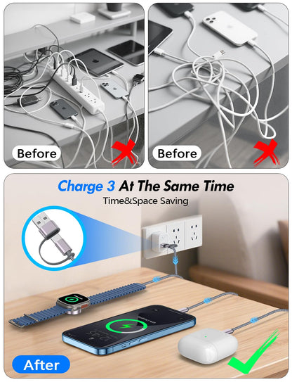 Travel Essentials for Apple Watch Charger,3-in-2 Multi Charging Cable