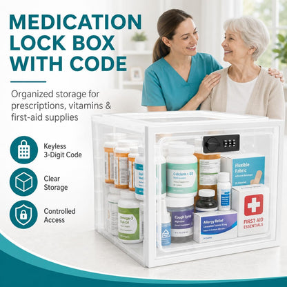 2 Pack Large Medication Lock Box with Code, Clear Lockable Storage Box for Refrigerator, Cabinet & Dorm, Stackable Medicine Box for Prescriptions, Snacks, Phone, 11.9" x 9.3" x 7.6", Black