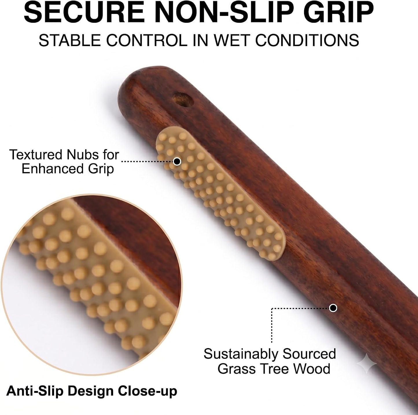 Wooden Bath Brush with Stiff Sisal Bristles Long Handle for Shower Back Scrubber Body Exfoliator, with Hook for Hanging (Stiff Sisal Hair)