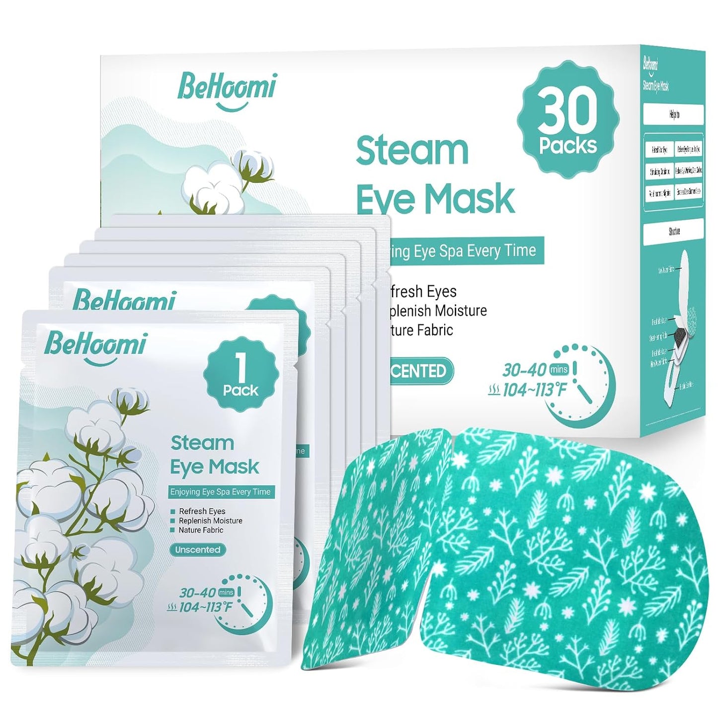 BeHoomi 30Packs Steam Eye Mask, Heated Eye Mask Warm Compress for Eyes, Self Heating Warm Eye Masks Disposable Steam Mask for Home Sleep, Spa, Travel Essentials & Relaxation Gifts (Chamomile)