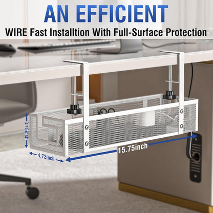 Under Desk Cable Management Tray, 15.75" No Drill Cable Management White,