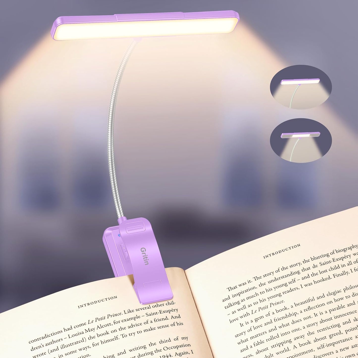 Gritin 2026 Gen 2 Book Light for Reading- 32 Eye Caring Full Spectrum LED | 5 Colors & 5 Brightness, Adjustable Wide/Narrow Beam, Upgrade 1500mAh Long-Lasting Rechargeable Clip on Light for Book Lovers