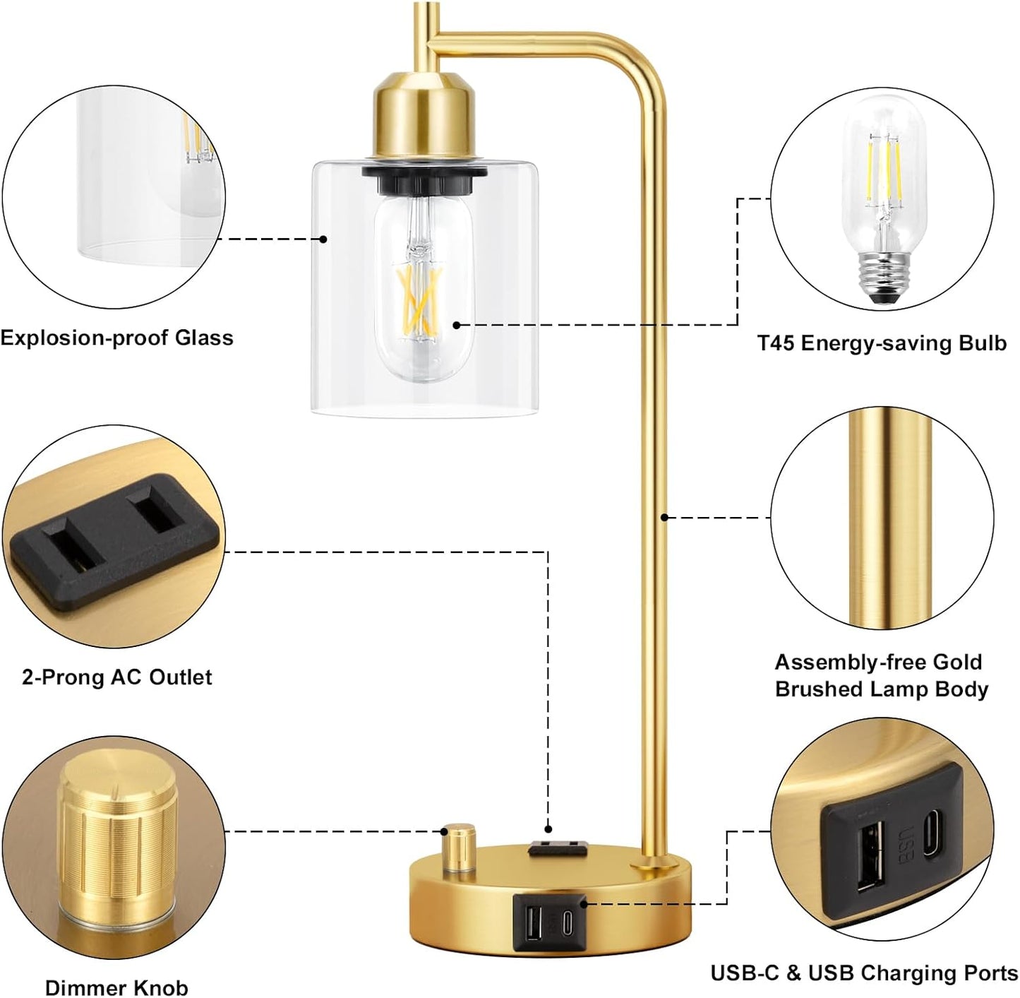 Industrial Table Lamps for Bedrooms Set of 2 - Fully Dimmable Bedside Lamps with USB A and C Ports and Outlet, Black Nightstand Lamps with Glass Shade for Living Room, Desk Lamps for Office Reading