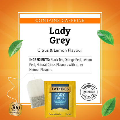 Twinings Lady Grey Black Tea Individually Wrapped Bags, 20 Count (Pack of 1), Orange Peel & Lemon Peel, Fresh and Uplifting, Caffeinated, Enjoy Hot or Iced, 20 Teabags