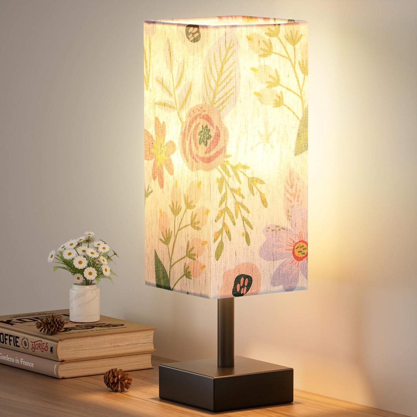 aooshine Small Table Lamp for Bedroom - Bedside Lamps for Nightstand, Minimalist Night Stand Light Lamp with Square Fabric Shade, Desk Reading Lamp for Kids Room Living Room Office Dorm