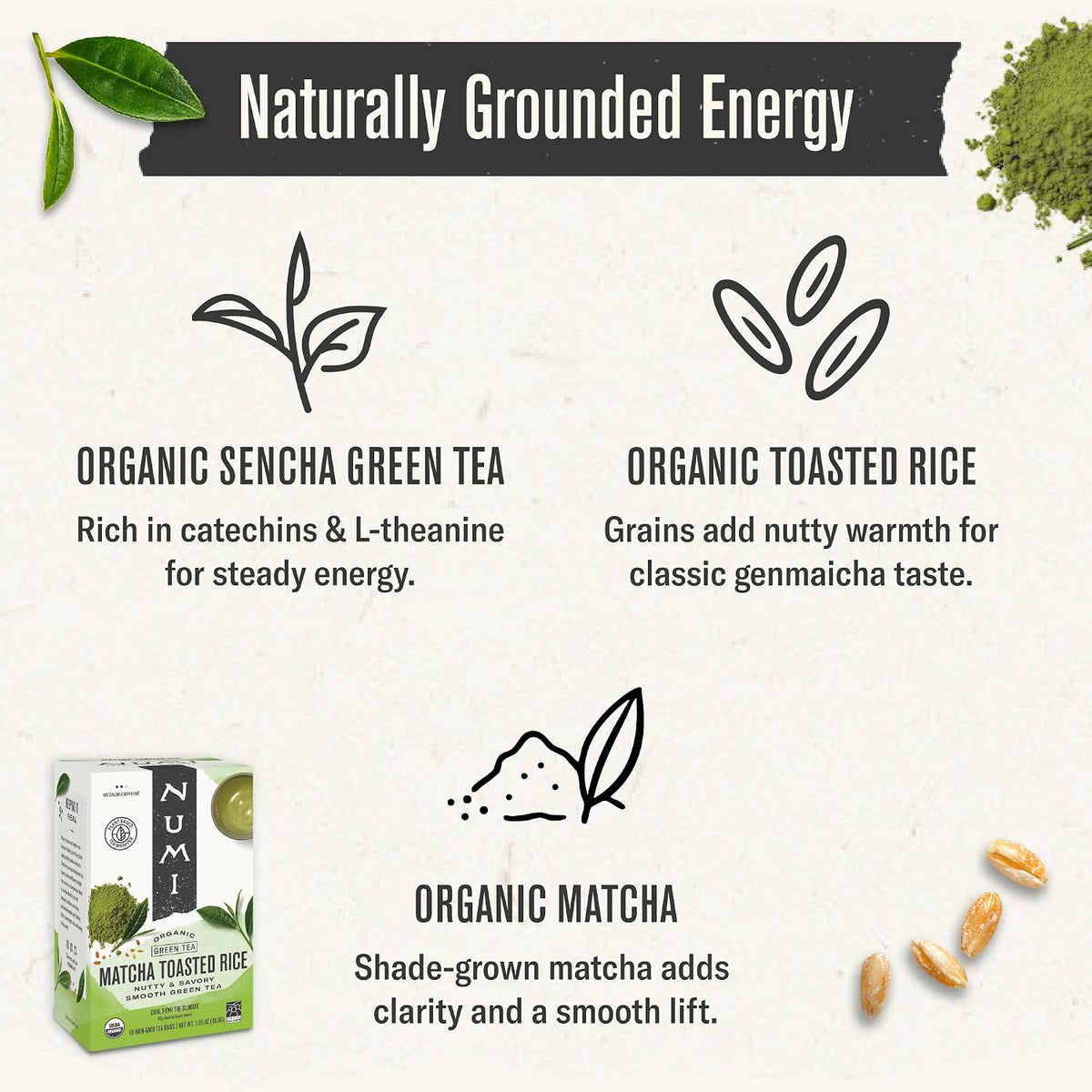 Numi Organic Matcha Toasted Rice Tea, 54 Green Tea Bags, Medium Caffeine