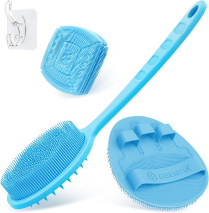 Silicone Back Scrubber & Bath Glove Set 2PCS, 13.4'' Gentle Shower Back Scrubber with Dual-Side Head Non-Slip Handle, 360° Anti-Slip Hand-fit Bath Glove for Rich Foaming Deep Cleaning(Black)