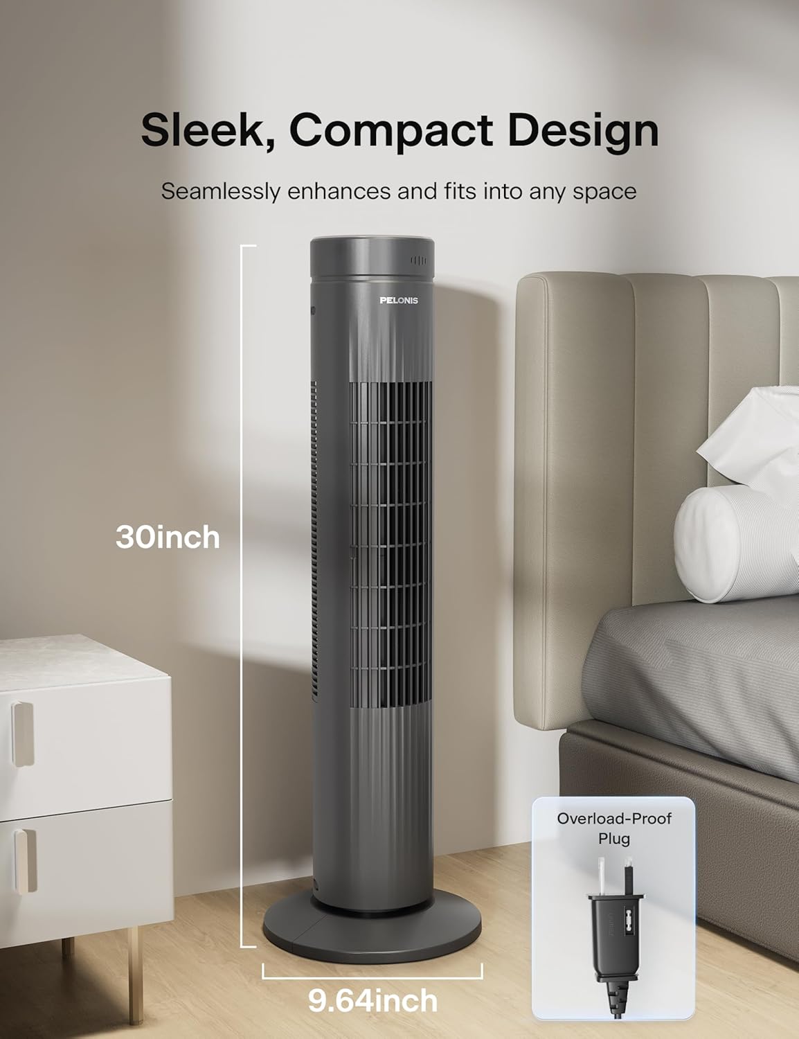 PELONIS 30 Inch Tower Fan for Bedroom, Quiet Oscillating Standing Fan with 3 Speeds, Portable Cooling Fan for Home Office Dorm Room, Auto-off Timer, Black, PFT28A2BBB