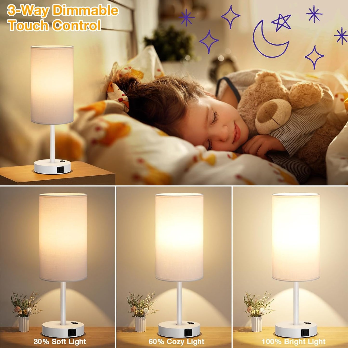 Dicoool Touch Bedside Table Lamp with USB - 3 Way Dimmable Wood Lamp for Bedroom Nightstand, Desk Lamp with Charging Station for Dorm, Living Room, Office, Kids Room, Small, 14in