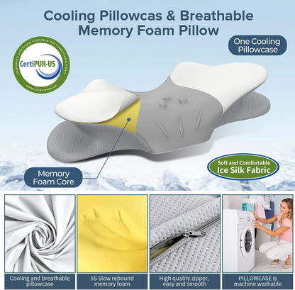 beslovo Cervical Neck Pillow for Pain Relief, Ergonomic Side Sleeper Pillow, Orthopedic Neck Support Contour Memory Foam Pillow for Side Back Stomach Sleepers, Ideal for Office Travel (Grey&White)