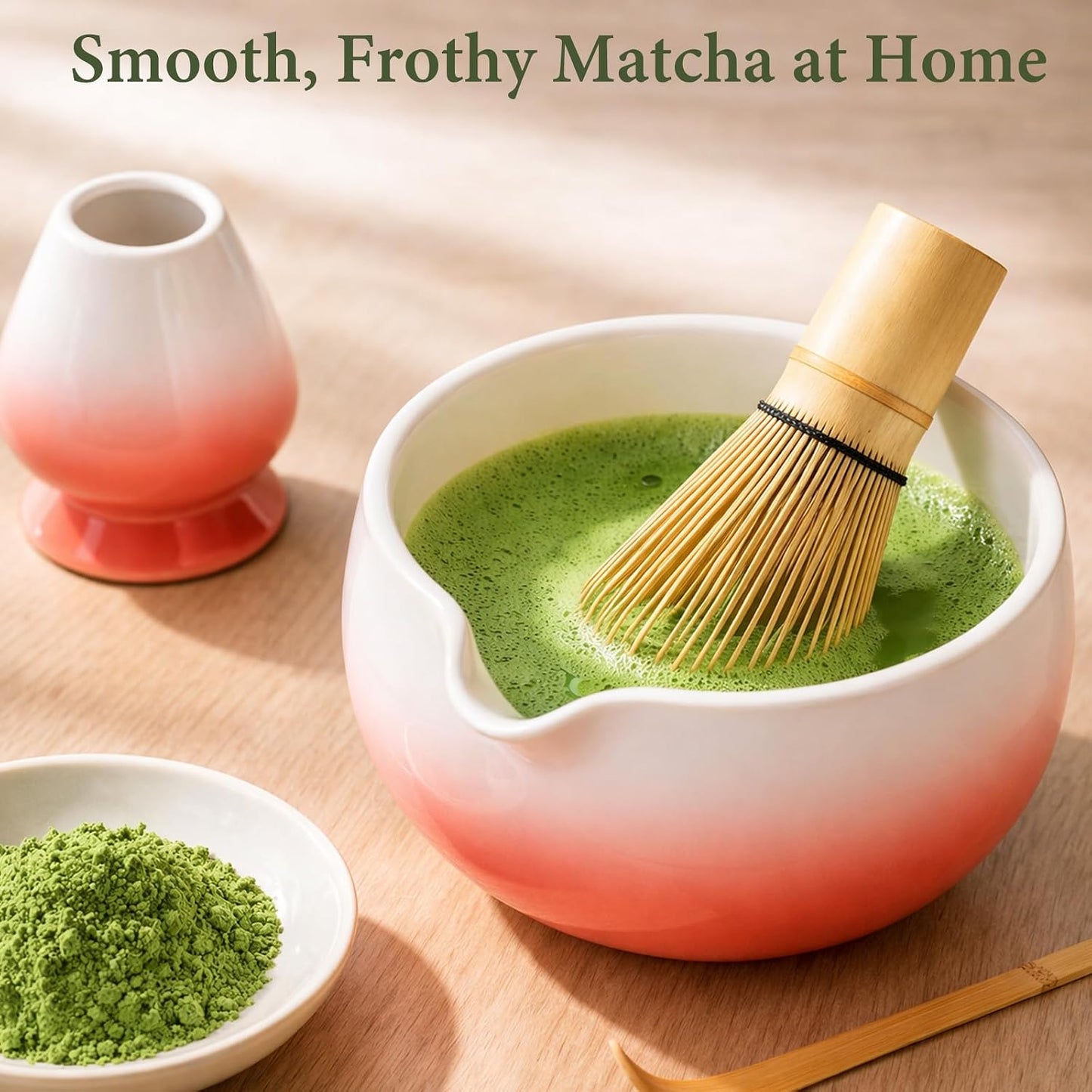 Matcha Whisk Set, Ceramic Matcha Set Includes Bowl & Holder, Bamboo Whisk (Chasen), Scoop, Spoon and Sifter, 6PCS Matcha Kit Covers Everything Needed for Making Matcha (Green)