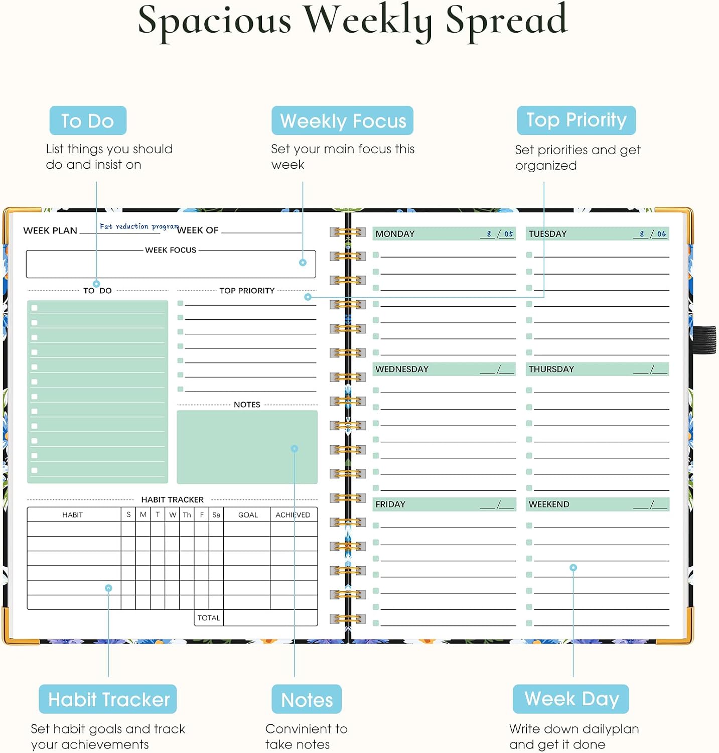 Undated Weekly Planner, Hardcover Leather Weekly & Monthly Calendar Blank Planner, To Do List Notebook with Goal & Habit Tracker Organizer, A5 Daily Planner with Spiral Binding, Ideal for Work School Home, Black